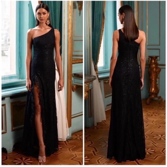 Alamour The Label Fiona One Shoulder Lace Formal Gown Black - Picture 1 of 8
